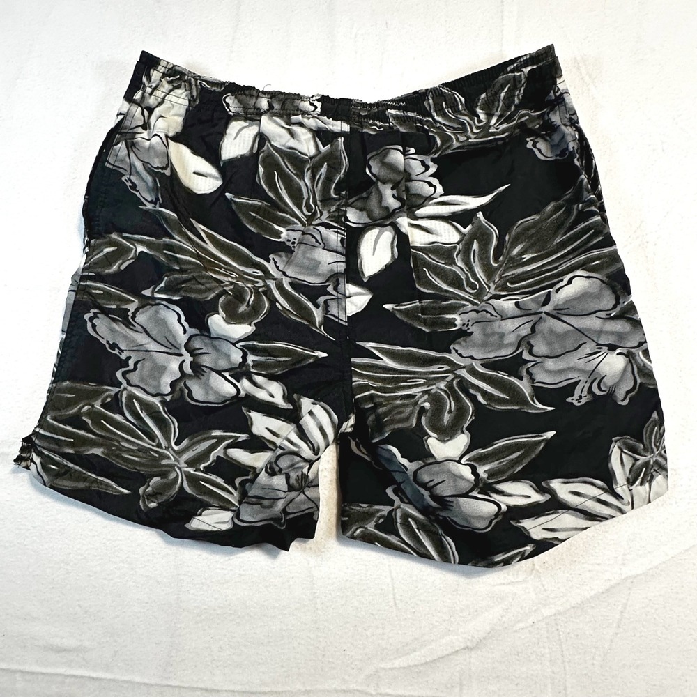 Vintage 90s 00s Triangle Men's‎ Black Floral Swim Trunks Size M Surfcore